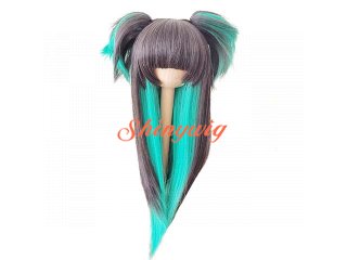 SD,DDドールウィッグ黒＆緑インナーカラーロング